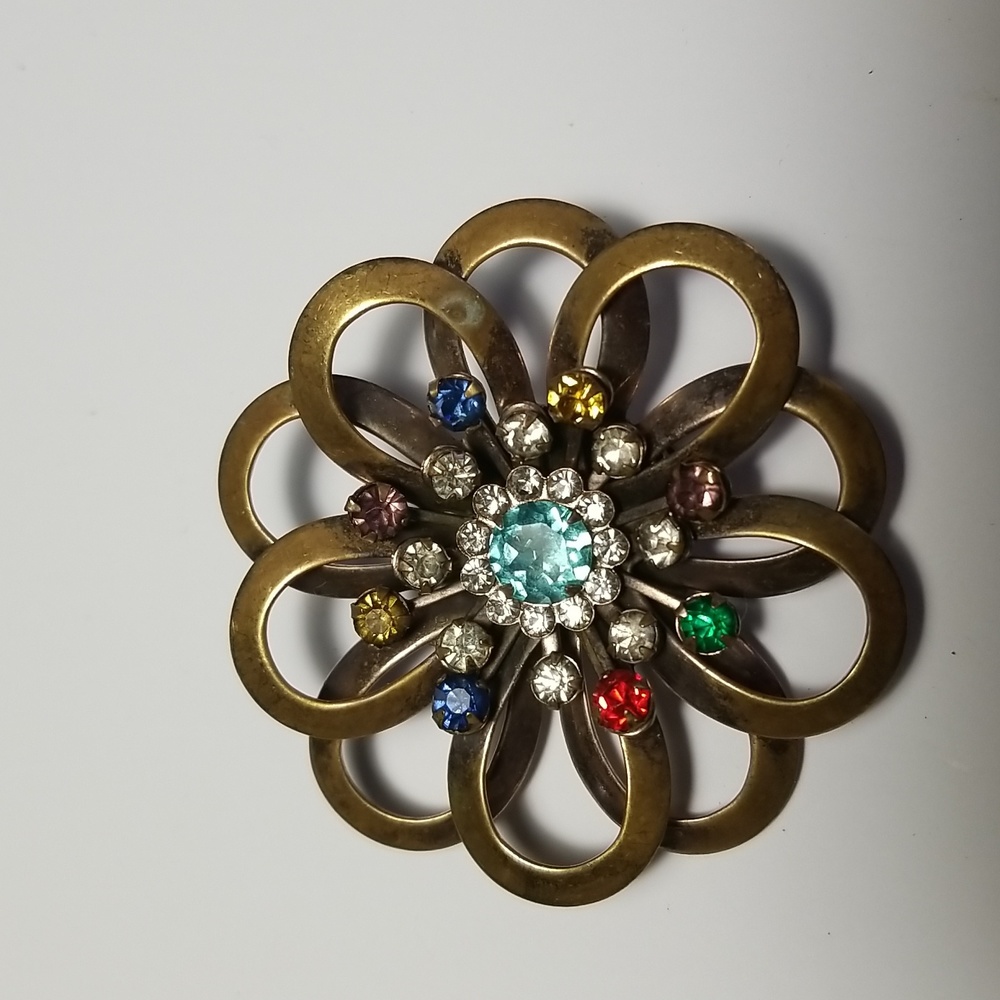 Gold Tone Brooch Multi Colored Rhinestones Green Blue Purple Flower Vintage